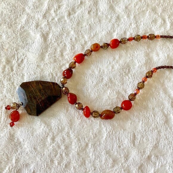 Faceted Petrified Wood Agate and Carnelian Nugget Necklace One of A kind - Picture 6 of 6